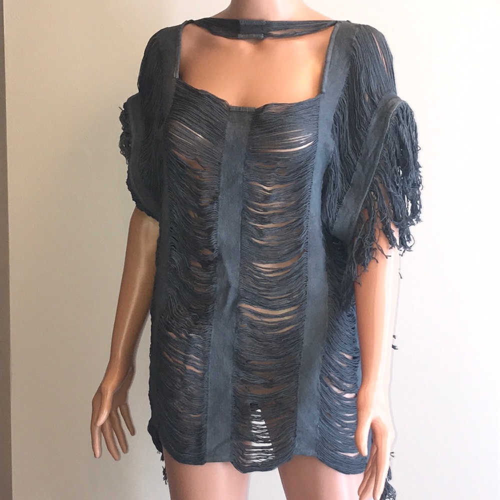 R2 Fashion Gray Bohemian Chic String Tunic Top